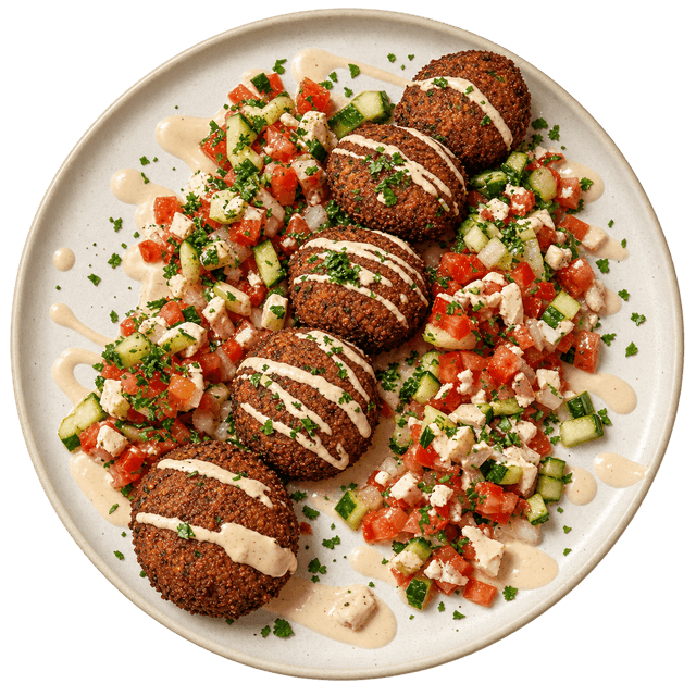 Falafel com molho de tahine e salada, em prato de cerâmica